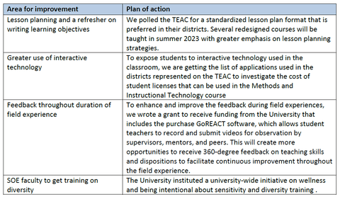 List of planned actions for improvement from focus group findings